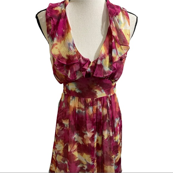 Chequer dress silk ruffle neckline sleeveless floral colorful. Womens size4 - Picture 3 of 11